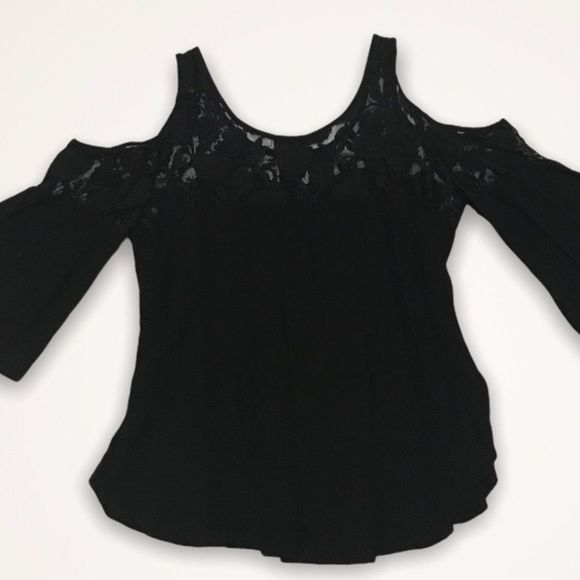 AQUA Black Lace Trim Cold Shoulder Top - Picture 5 of 7